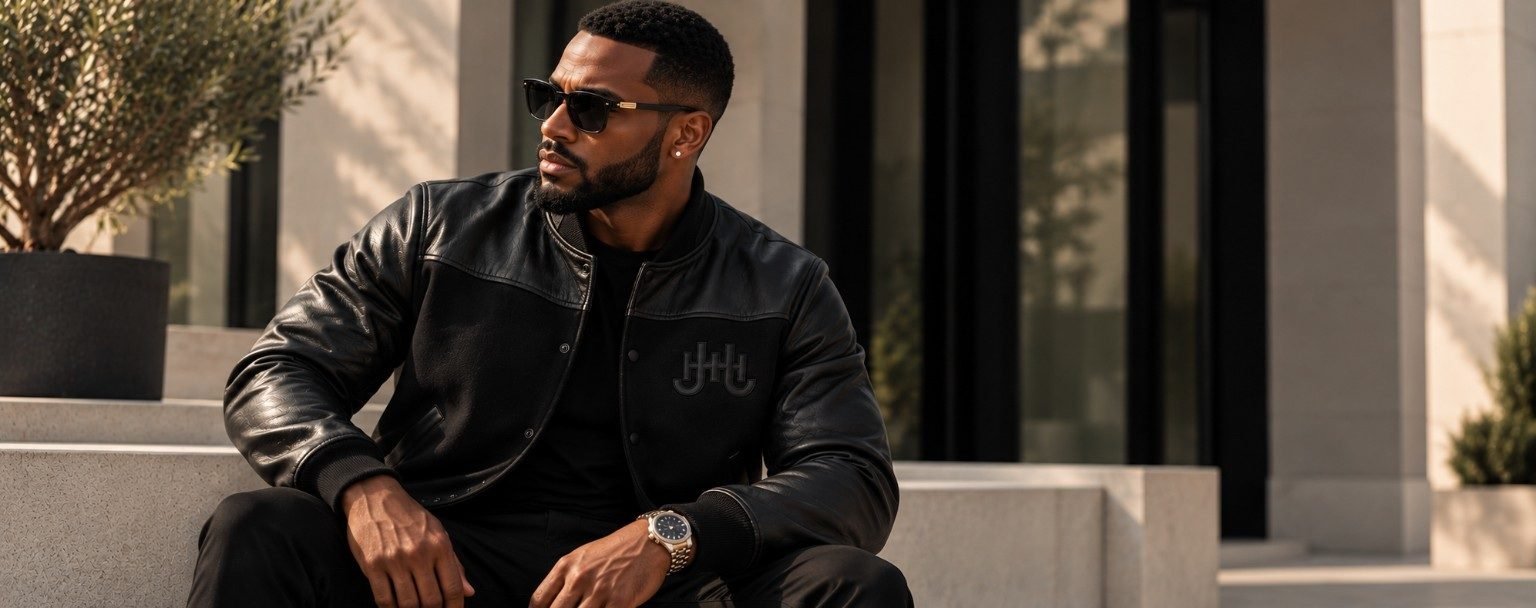 J.HINTON The Fall Edit — model wearing the Bridgeview varsity jacket