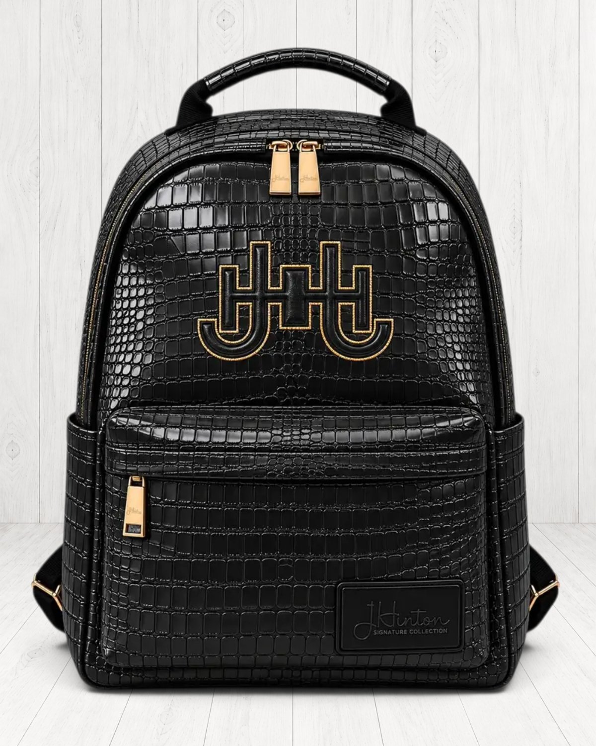 Hudsyn Crocodile-Embossed Backpack — Noir / Gold