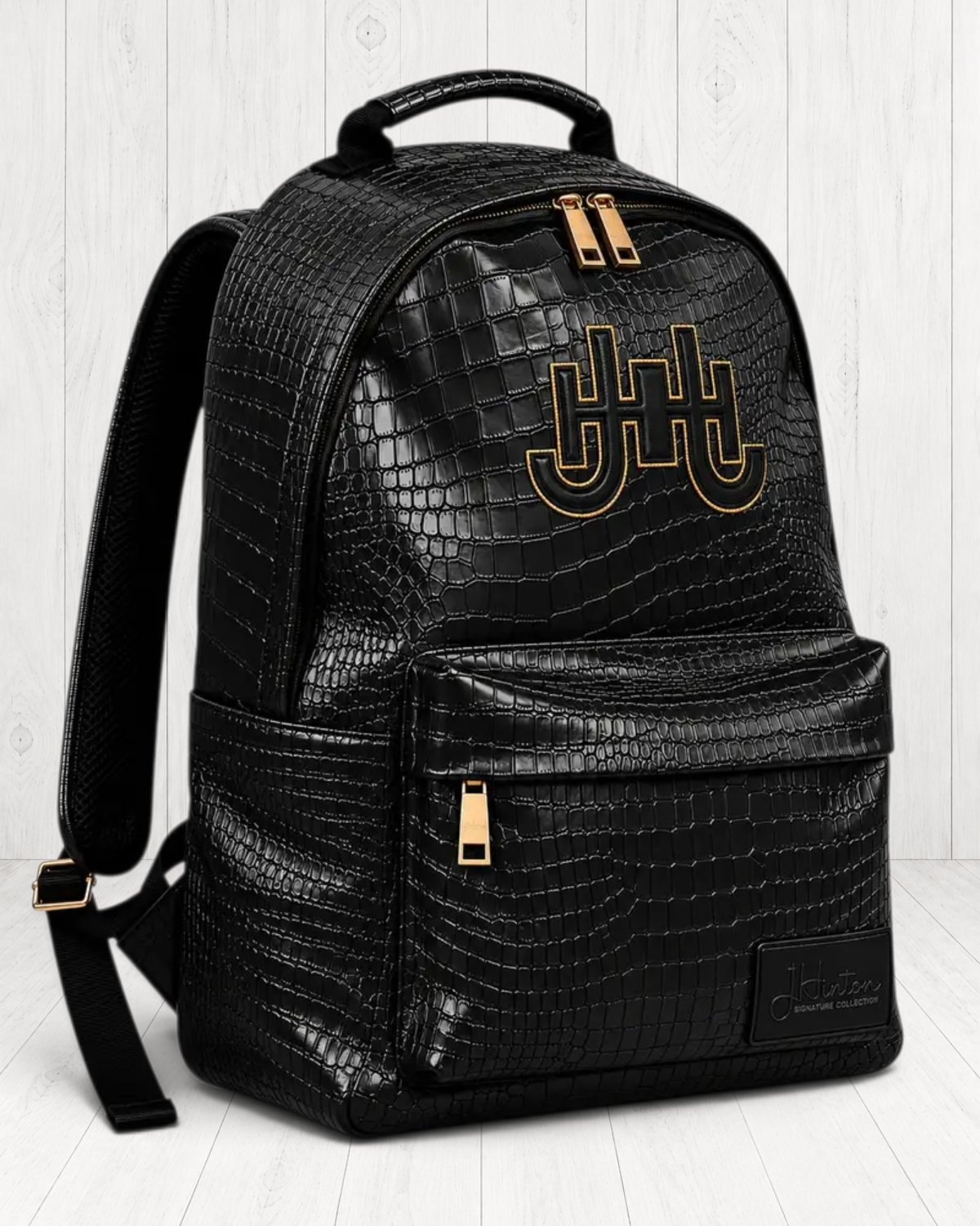 Hudsyn Crocodile-Embossed Backpack — Noir / Gold view 2