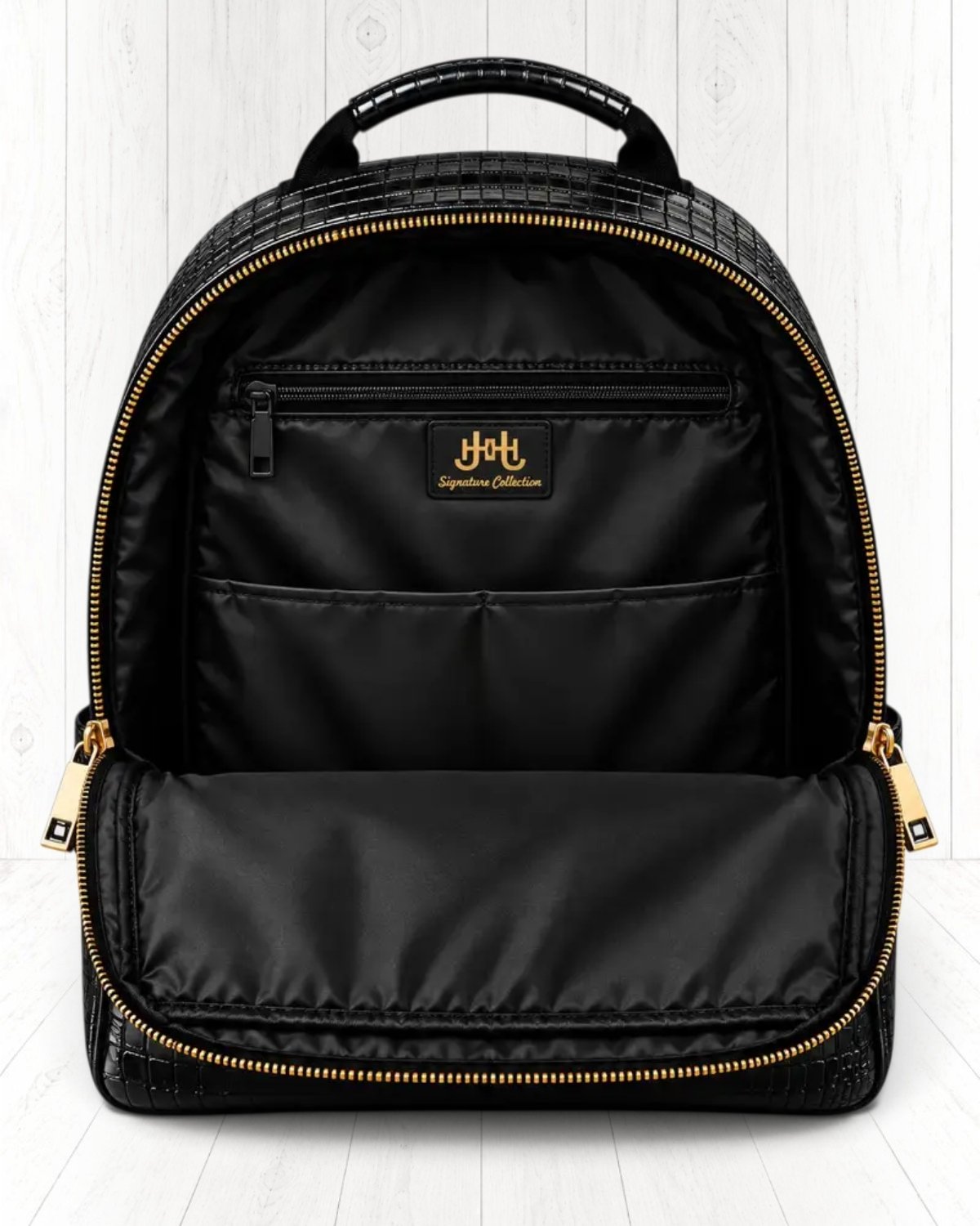 Hudsyn Crocodile-Embossed Backpack — Noir / Gold view 4