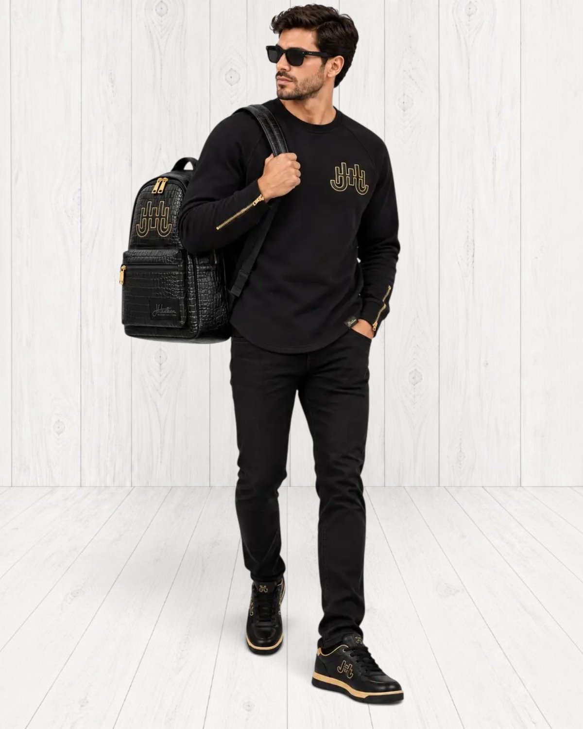 Hudsyn Crocodile-Embossed Backpack — Noir / Gold view 5